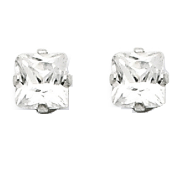 Sterling Silver Princes Cut Square CZ 6*6 MM Post Earrings Snap Closure Gift Box