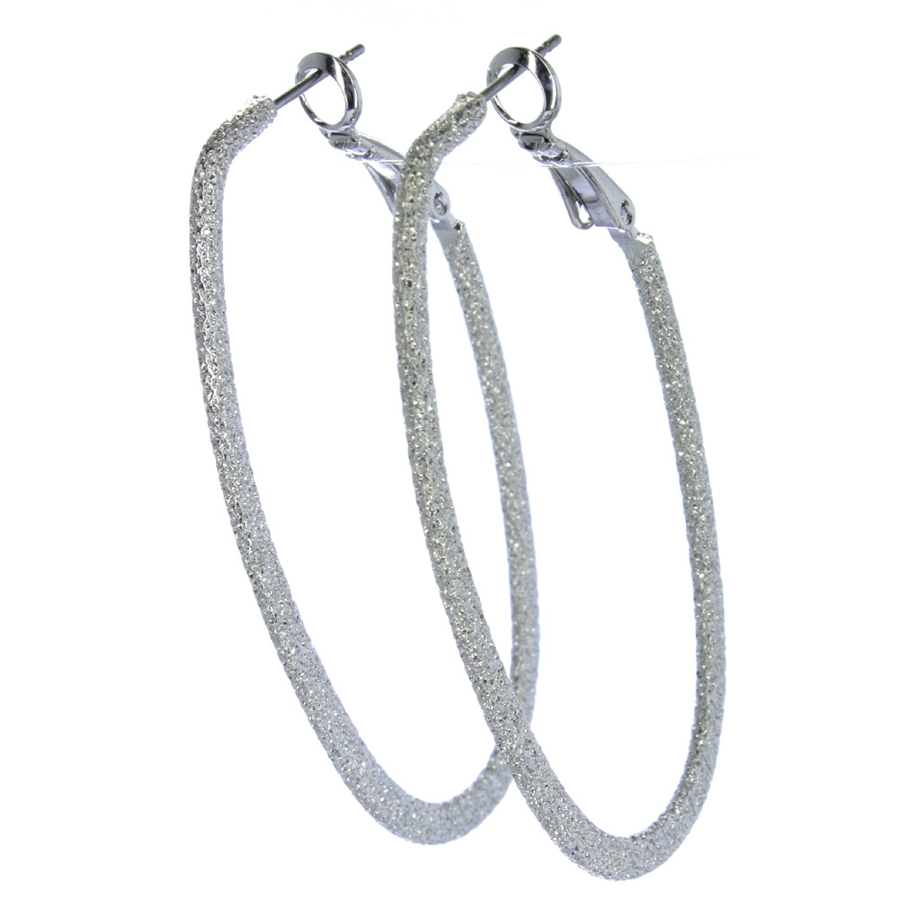 Hoop Earrings Lever Back Closure Diamond Dust Oval Silver