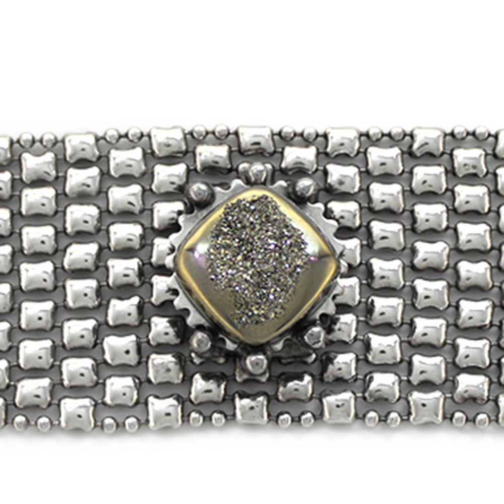 Sergio Gutierrez Liquid Metal Mesh Bracelet Drusy Silver Moon Crystal Center
