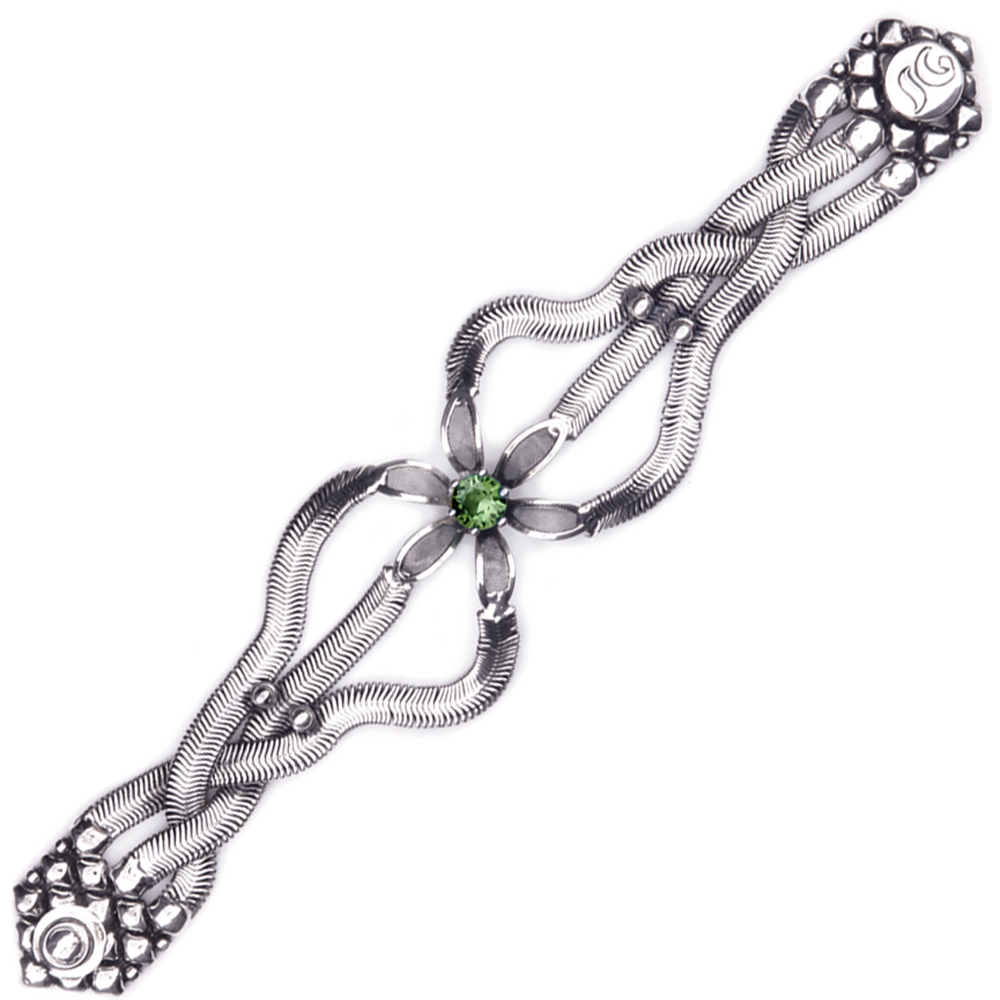 Sergio Gutierrez Liquid Metal Snake Mesh Flower Bracelet Peridot Crystal Center