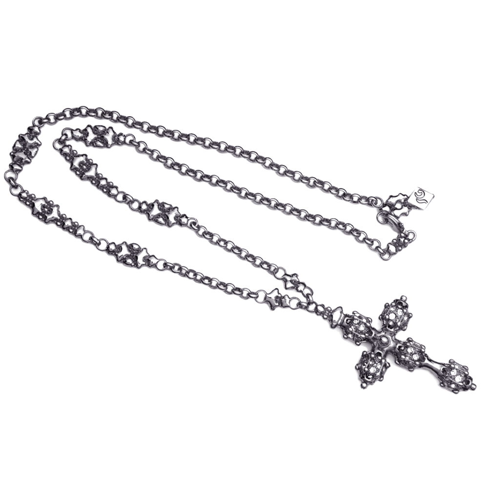 Sergio Gutierrez Liquid Metal Caged Cross Long Antiqued Silver Necklace