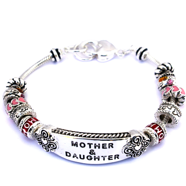 Gift for Mother Daughter Friend ID Multi Bead Sliding Charms Silver Bracelet
