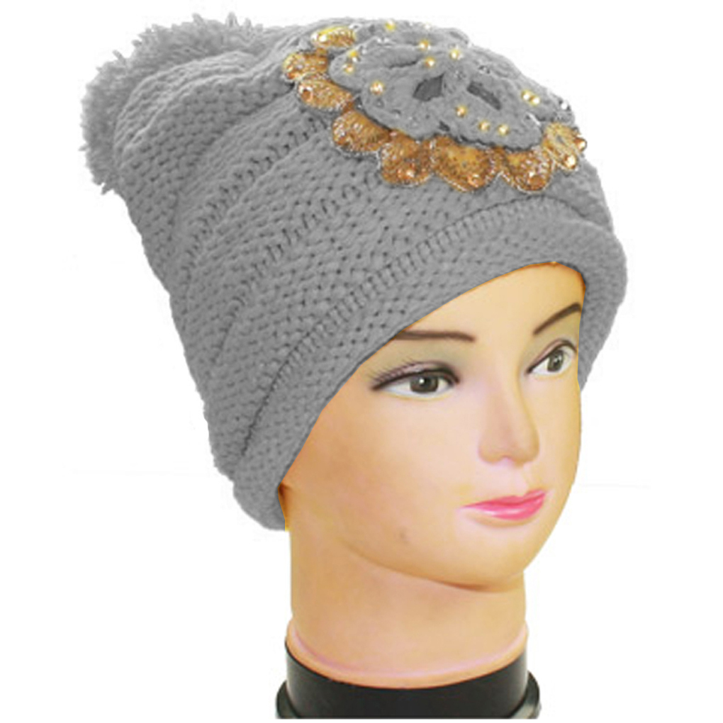 Silver Fever Crochet Hat Winter Beanie Jeweled Flower & Pom-pom