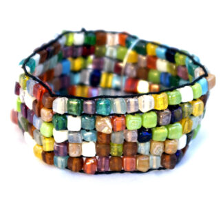 Stretchable Wide Square Stone Bracelet Multicolor Beads Five Row Fits 7-8"