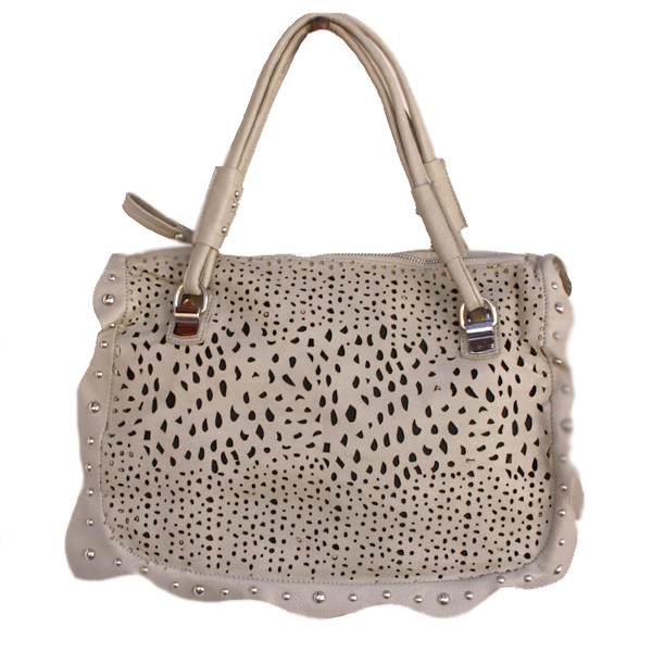 Perforated Medium Satchel Silver Studded Frill Wave Detail Double Handles Gray