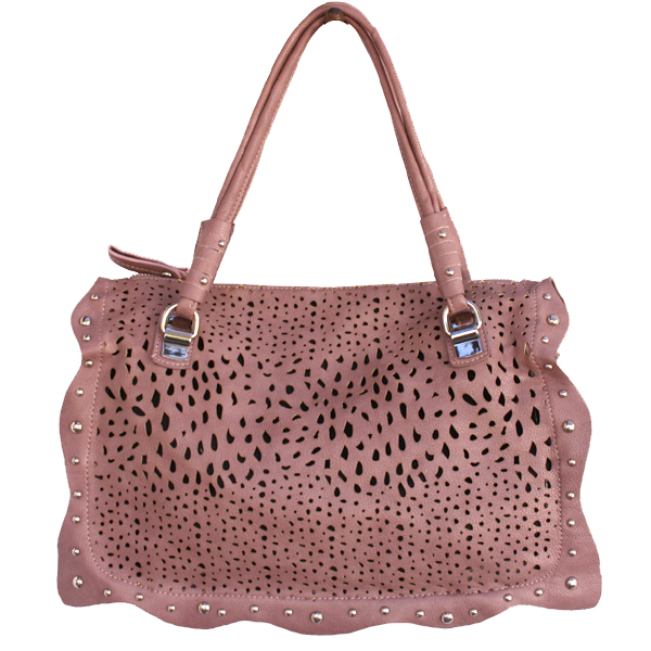 Perforated Medium Satchel Silver Studded Frill Wave Detail Double Handles Mauve