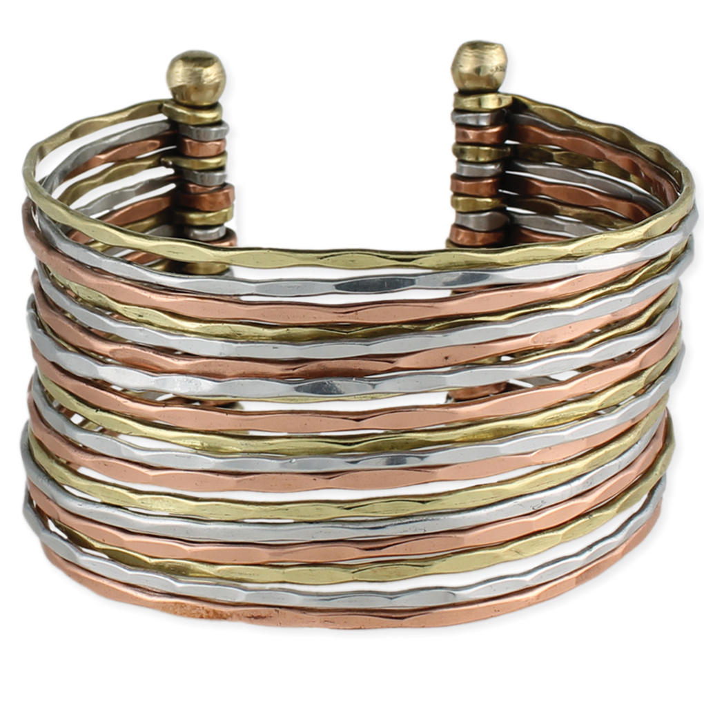 Silver Fever® Tri-Tone Wide Multi Row Metal Cuff Bracelet