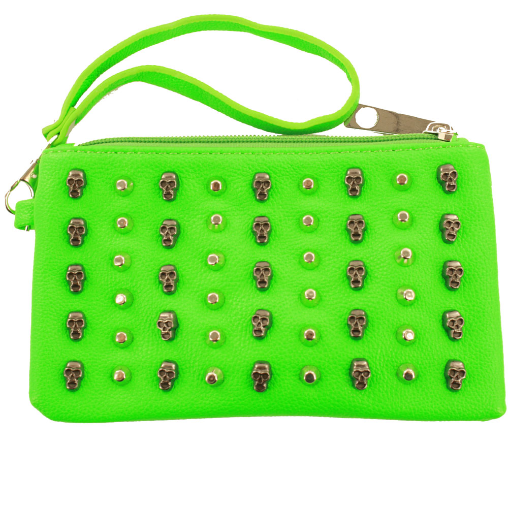 Small Neon Green Studded Skulls Punk Rock Bad Girl Wristlet Bag