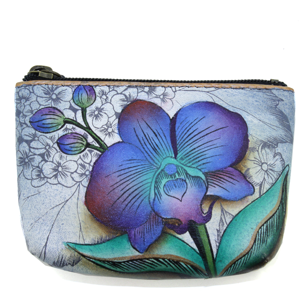Anuschka Genuine Leather Coin Zip-Up Pouch Hand Painted Floral Fantasy