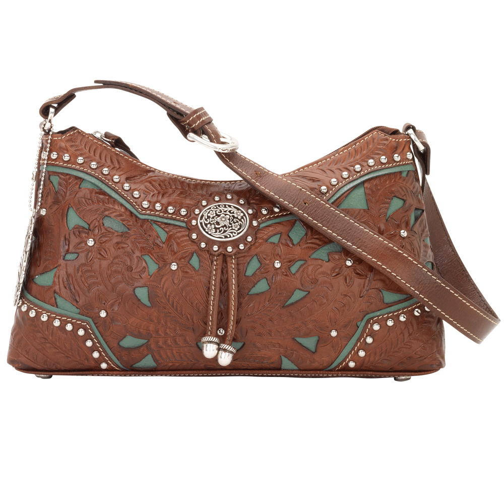 American West Leather Zip Top Shoulder Hobo Handbag Lady Lace Brown