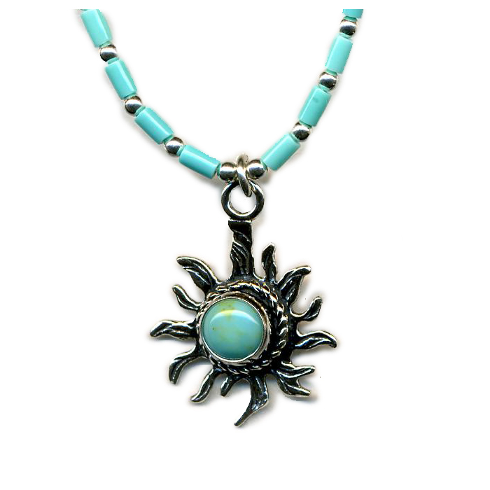 Handcrafted GENUINE Turquoise Sun Necklace 925 Silver