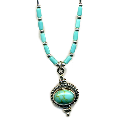 Genuine Turquoise Handcrafted Silver Necklace Oval