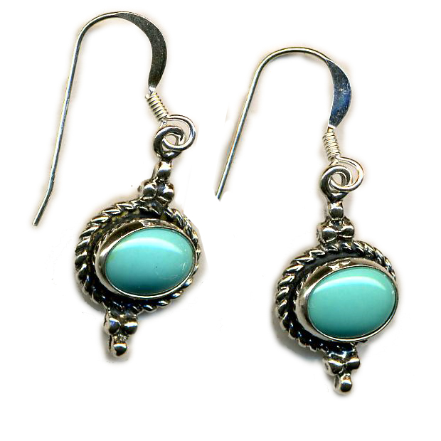 Handcrafted Genuine Turquoise Sterling Silver Earrings East West Oval