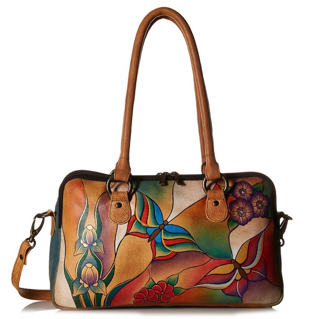 Anna by Anuschka Satchel Hanbdag Multi Compartment Butterfly Glass Painting