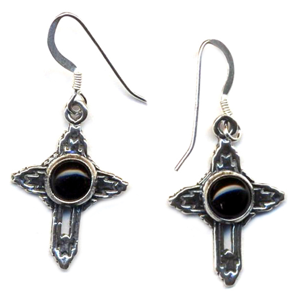 Small Cross Drop Earrings Black Onyx Stone Sterling Silver