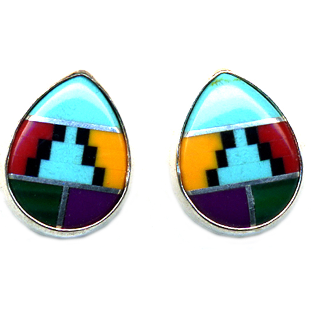 Teardrop Navajo Multicolor Genuine Stones Inlay Sterling Silver Post Earrings