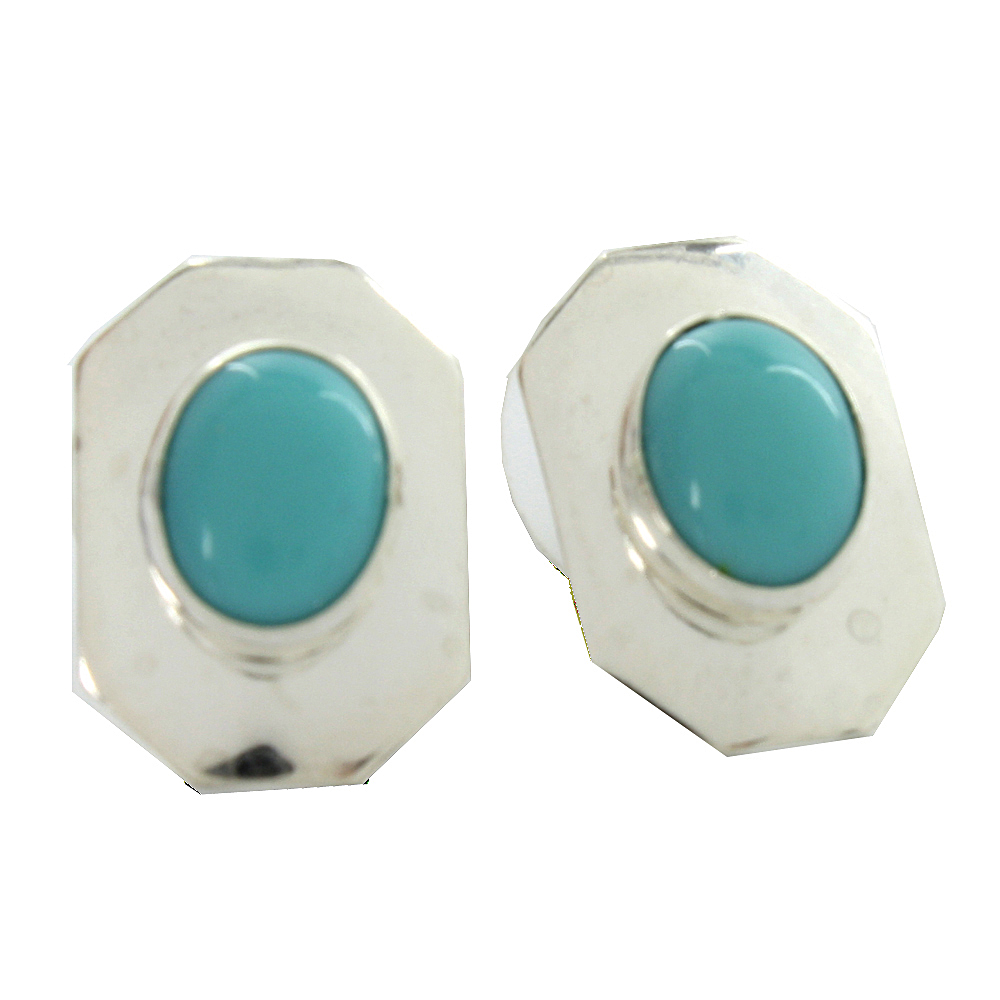 Oval Shaped Genuine Turquoise Octagon Sterling Silver .925 Frame Dangle Earrings