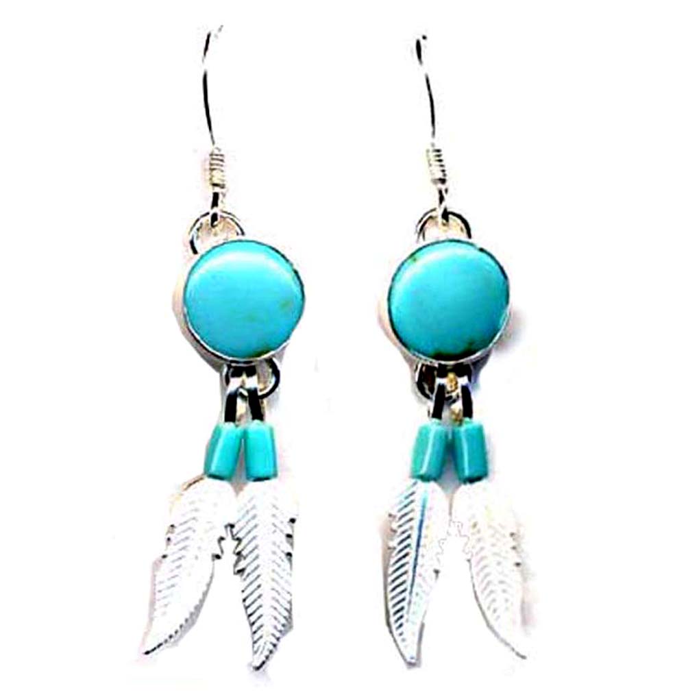 Genuine Turquoise Sterling Silver Dangle Feathered ER