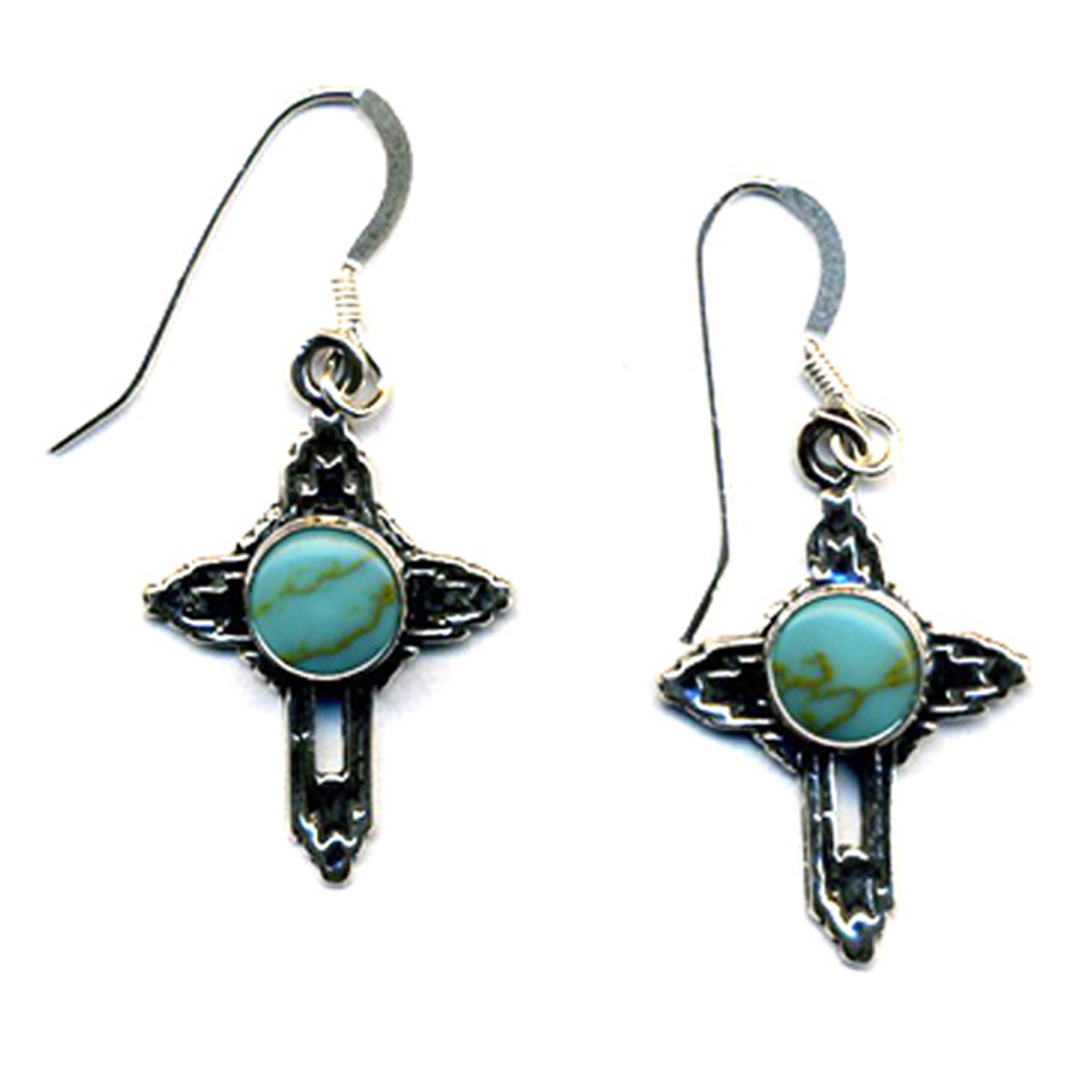 Small Cross Drop Earrings Turquoise Stone Sterling Silver