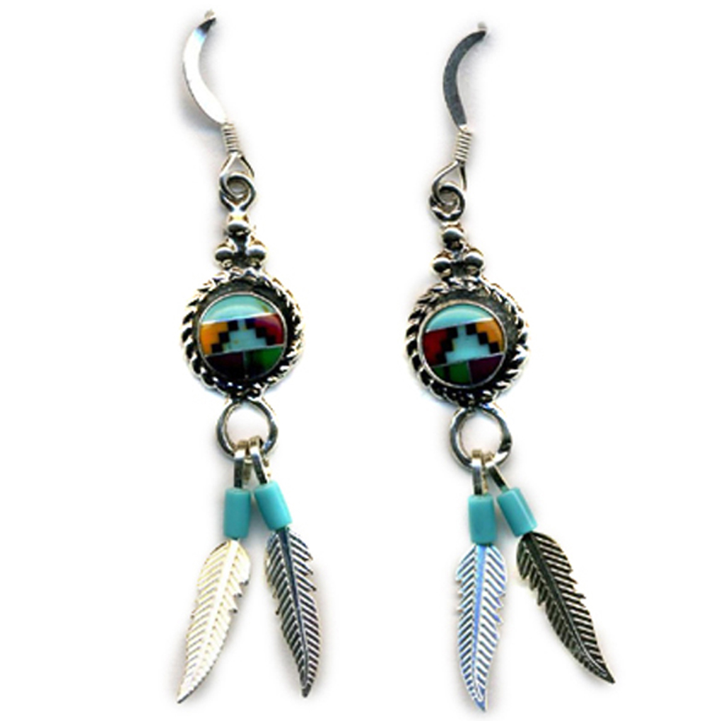 Genuine Stones Sterling Silver Feather Dangle  Earrings Navajo Multicolor  Inlay