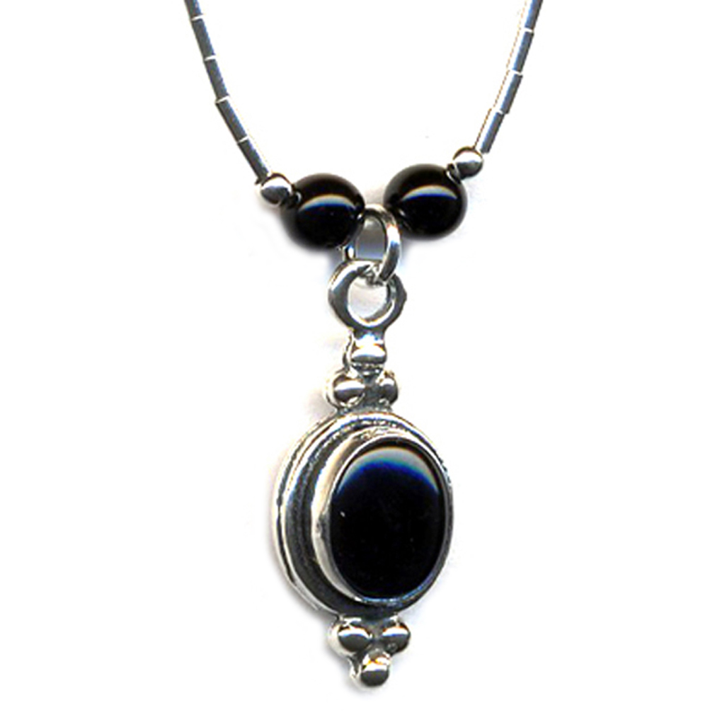 Liquid Sterling Silver  Oval Beaded Necklace Genuine Onyx Stone