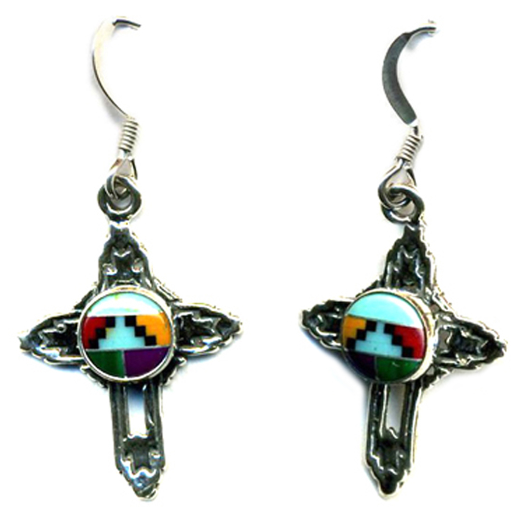 Small Cross Drop Earrings Navajo Multicolor Inlay Stone
