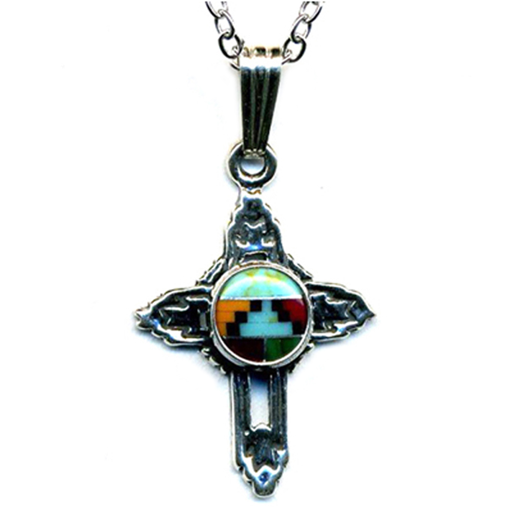 Small Cross Charm Necklace Navajo Multicolor Inlay Stone