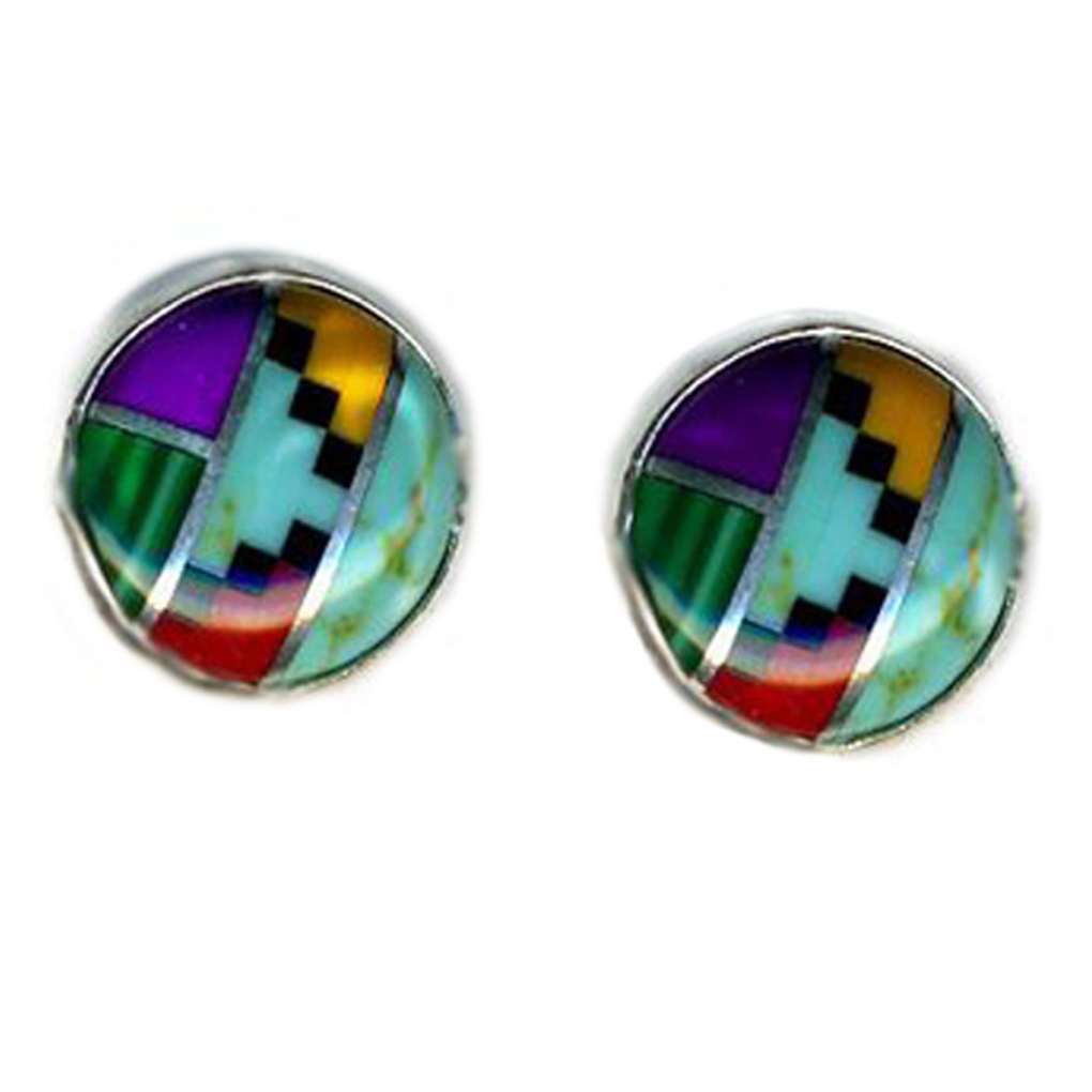 8 mm Round Post Earrings Navajo Multicolor Inlay Genuine Stone Sterling Silver