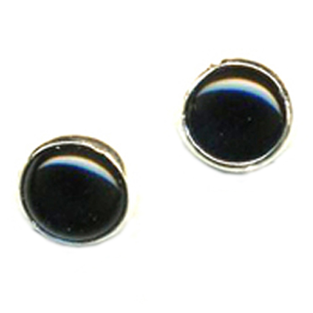 8mm Round Black Genuine Onyx Cabshon Stone Sterling Silver Post Earrings