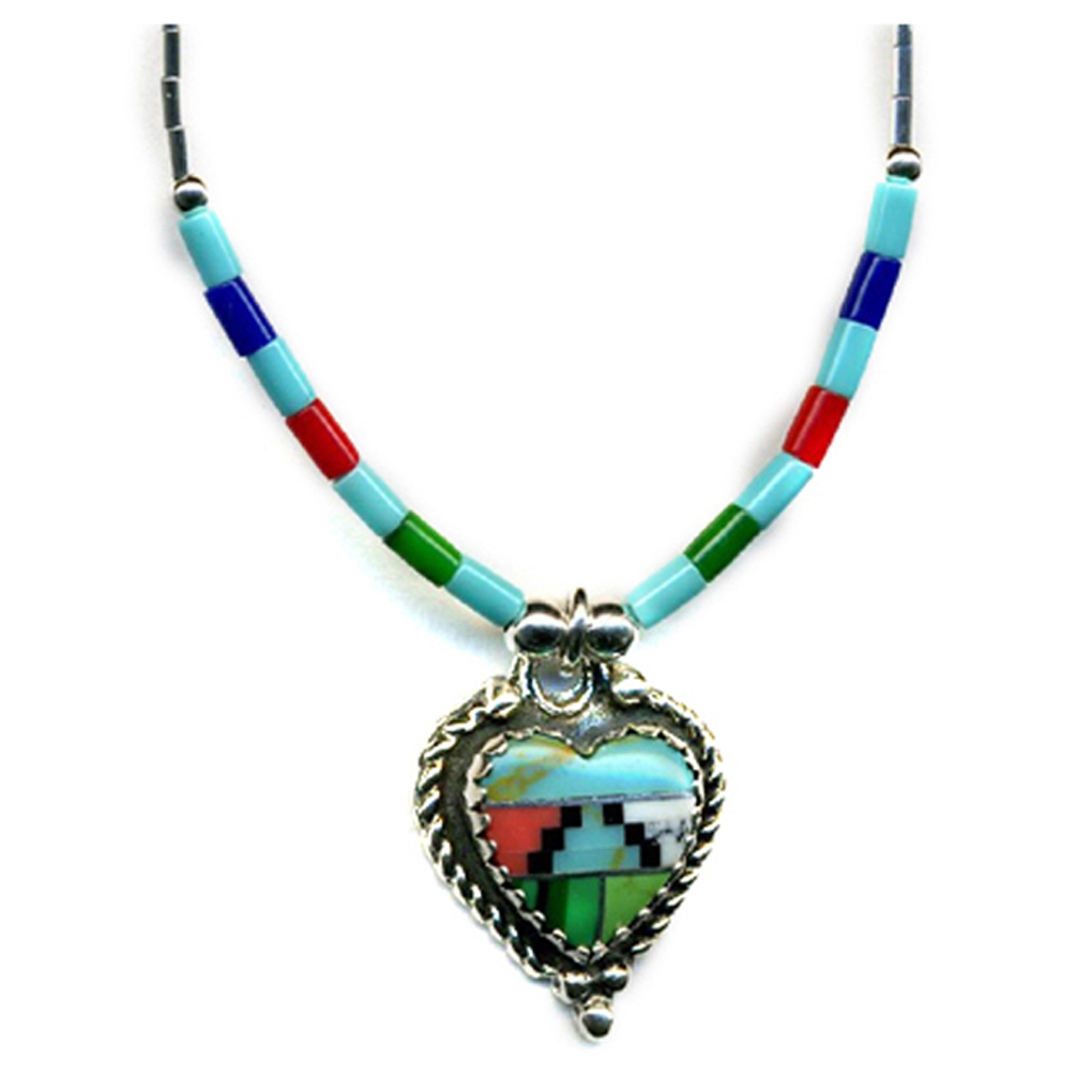 Large Navajo Multicolor Inlay Heart Sterling Silver Genuine Stone Bead Necklace