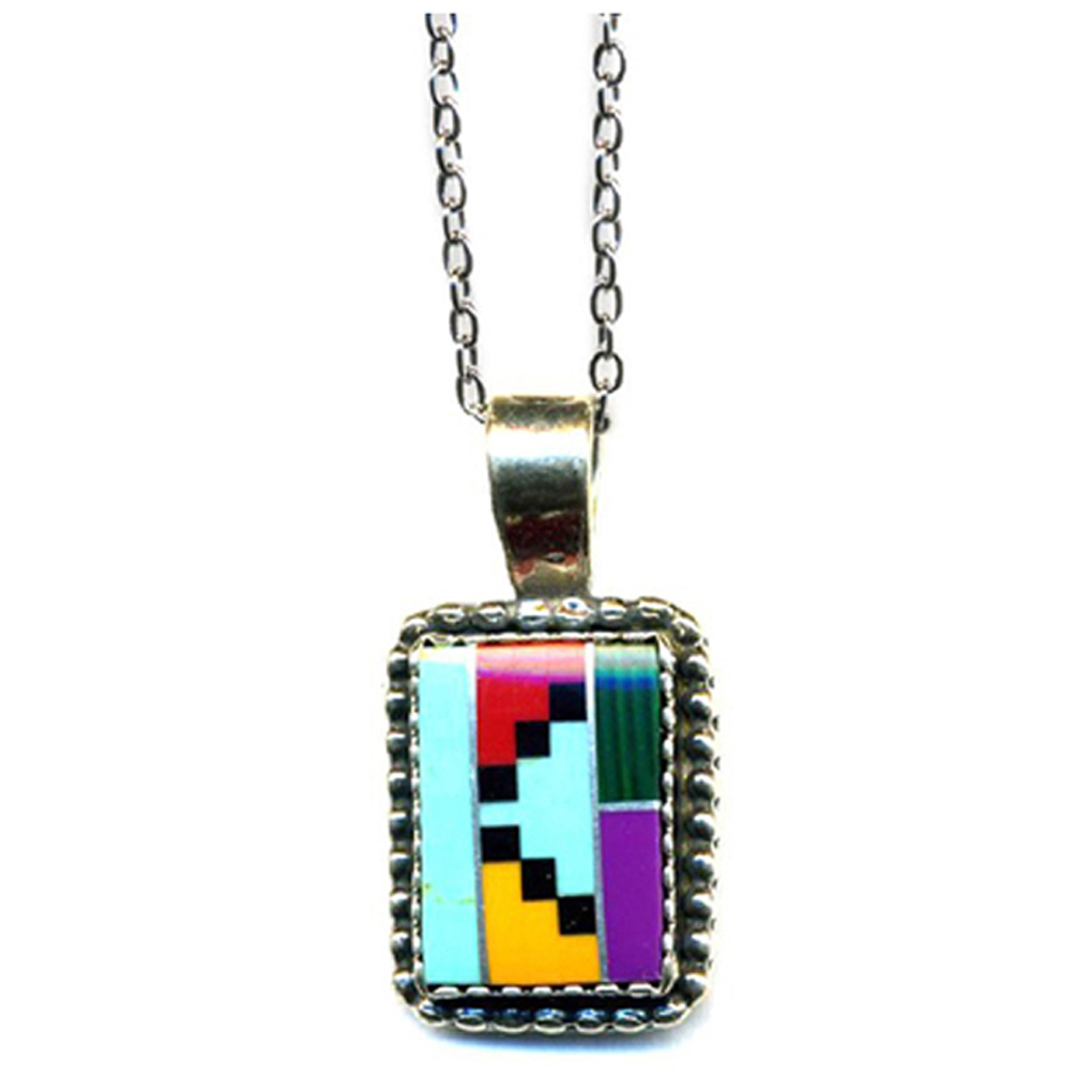 Large Navajo Multicolor Inlay Beaded Sterling Silver Silver