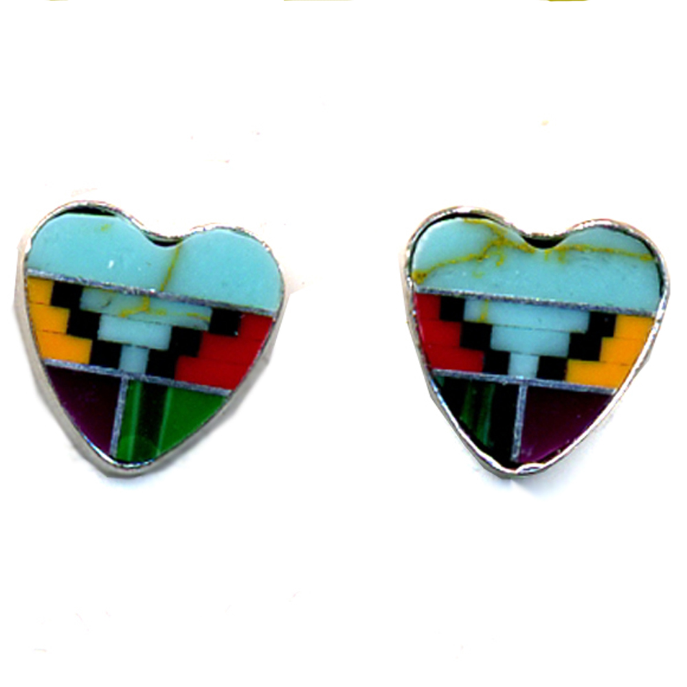 Heart Shape Navajo Multicolor Genuine Stones Inlay Sterling Silver Post Earrings