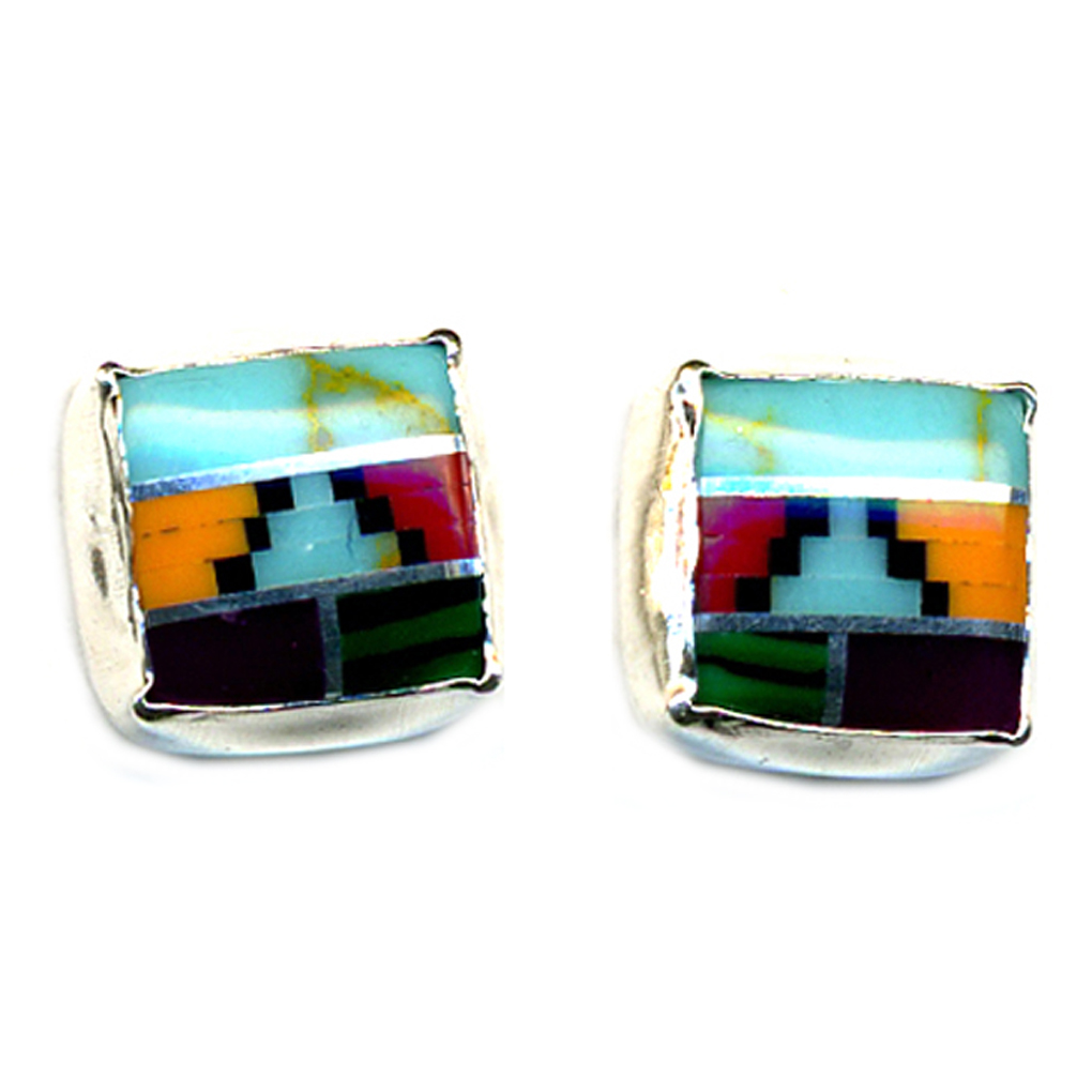 6mm Rounded Navajo Multicolor Genuine Stones Inlay Sterling Silver Post Earrings