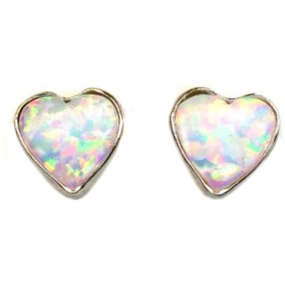 Heart & Love White Sparkly Fire Opal  Stone Sterling Silver Post Earrings 6 MM