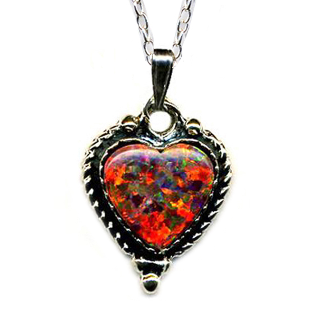 Red Fire Opal Heart SILVER 925 Necklace 18"