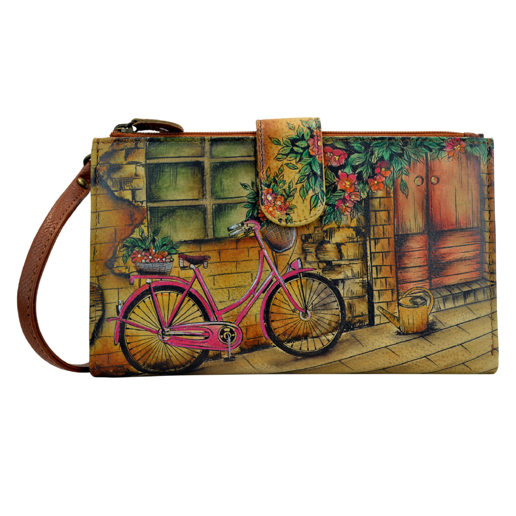 Anuschka Leather Large Smart Phone Case & Wallet Bag Holiday Gift Vintage Bike Large