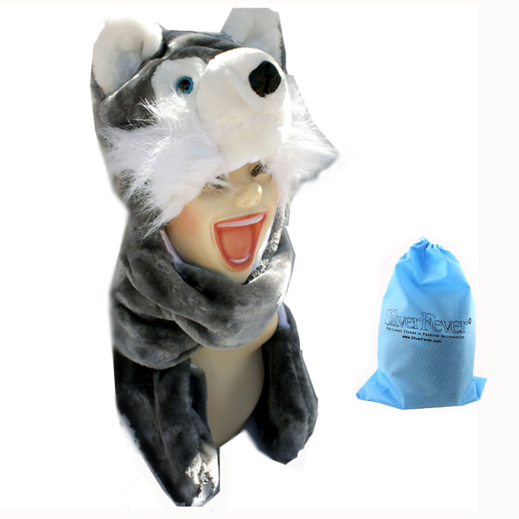 Silver Fever® Plush Soft Animal Beanie Hat w/ Built-In Mittens Paws Husky