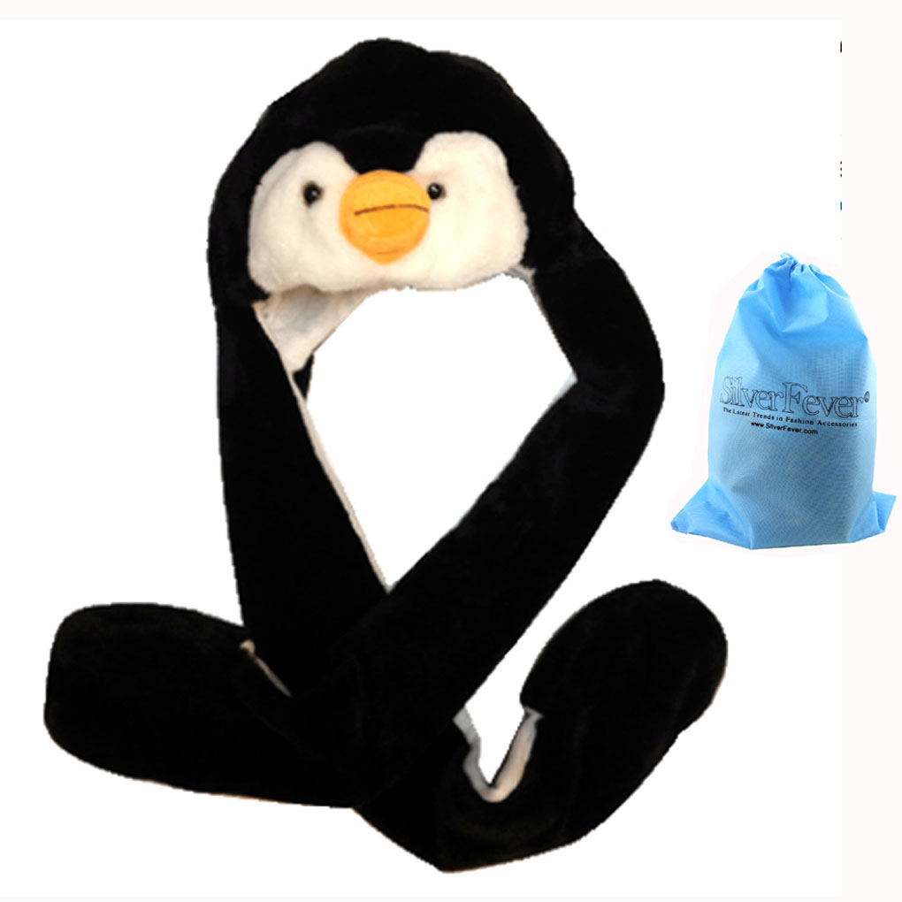 Silver Fever® Plush Soft Animal Beanie Hat w/ Built-In Mittens Paws Penguin