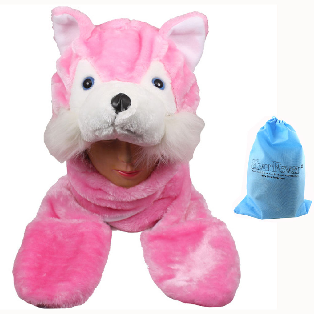 Silver Fever® Plush Soft Animal Beanie Hat w/ Built-In Mittens Paws Pink Husky