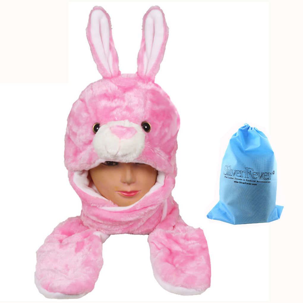 Silver Fever® Plush Soft Animal Beanie Hat with Built-in Earmuffs, Scarf, Gloves  Pink Bunny