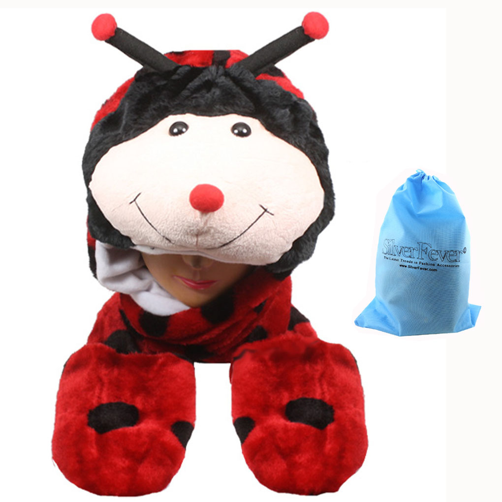 Silver Fever® Plush Soft Animal Beanie Hat with Built-in Earmuffs, Scarf, Gloves  Lady Bug