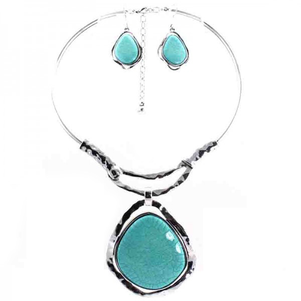 Silver Fever Gemstone Necklace Earring Set Chocker 14"+2" withTurquoise Penddant