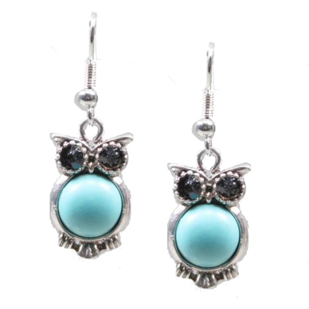 Silver Fever Fashion Drop Earrings with Cabashon Gemstone Turquoise Owl Black Eyes