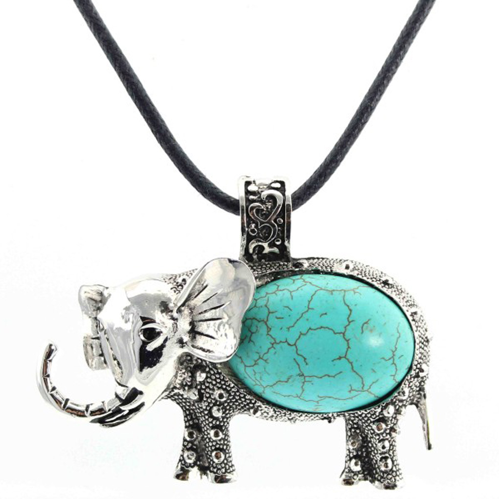 Silver Fever Fashion Gemstone Necklace Pendant on Leather Cord Or Chain Turquoise Elephant 18"