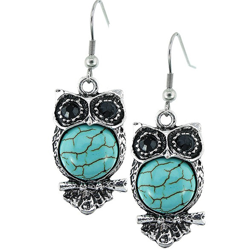 Silver Fever Fashion Drop Earrings with Cabashon Gemstone Turquoise Owl