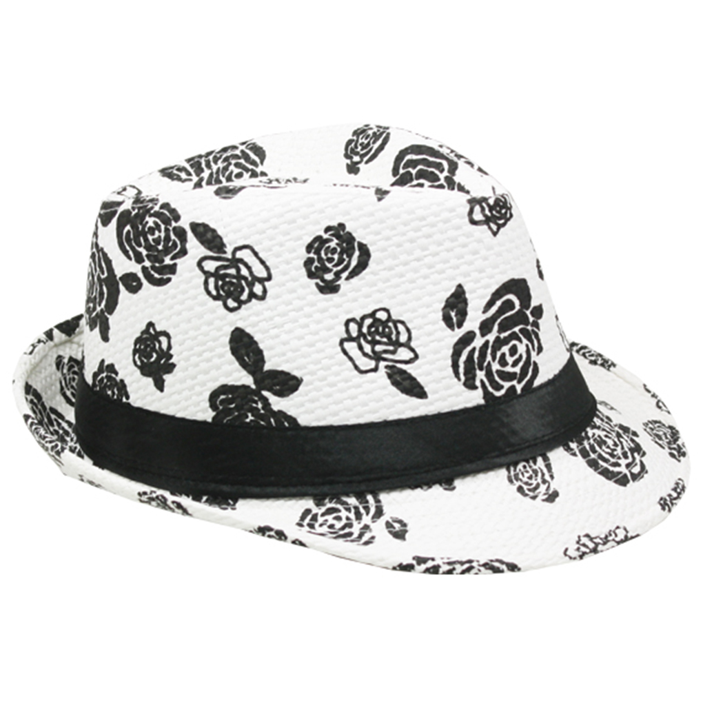 Silver Fever Patterned and Banded Fedora Hat Black Flowers