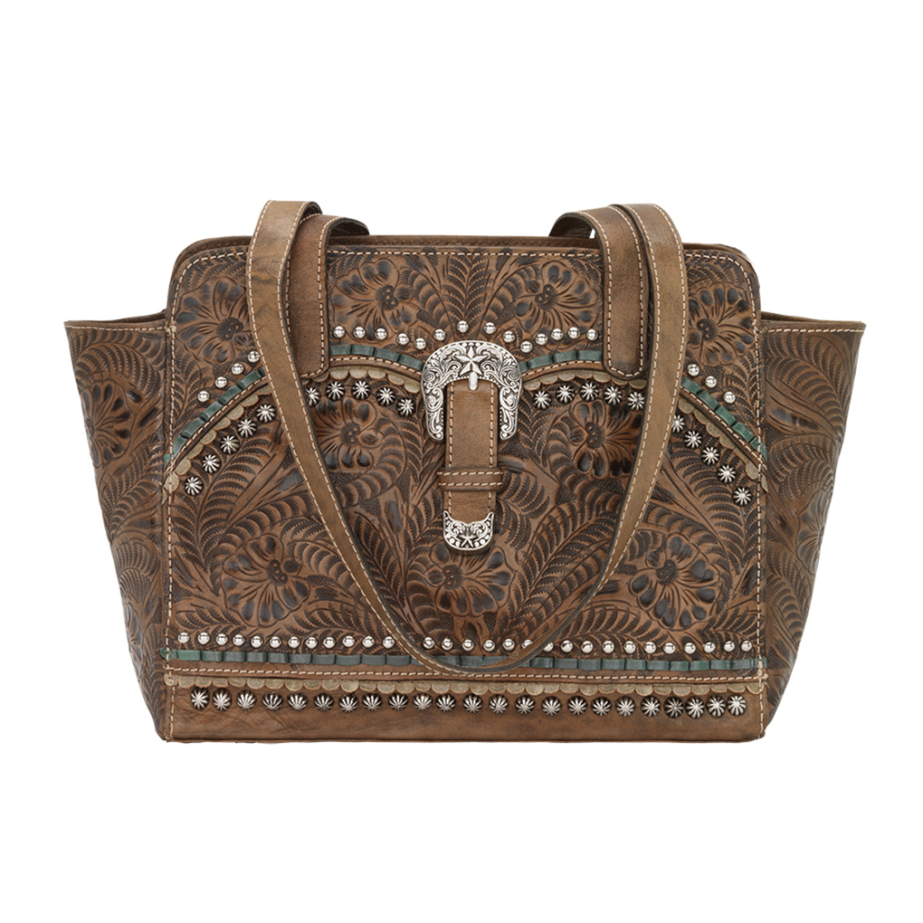 American West Leather Handbag- Zip Top Tote - Blue Ridge - Charcoal