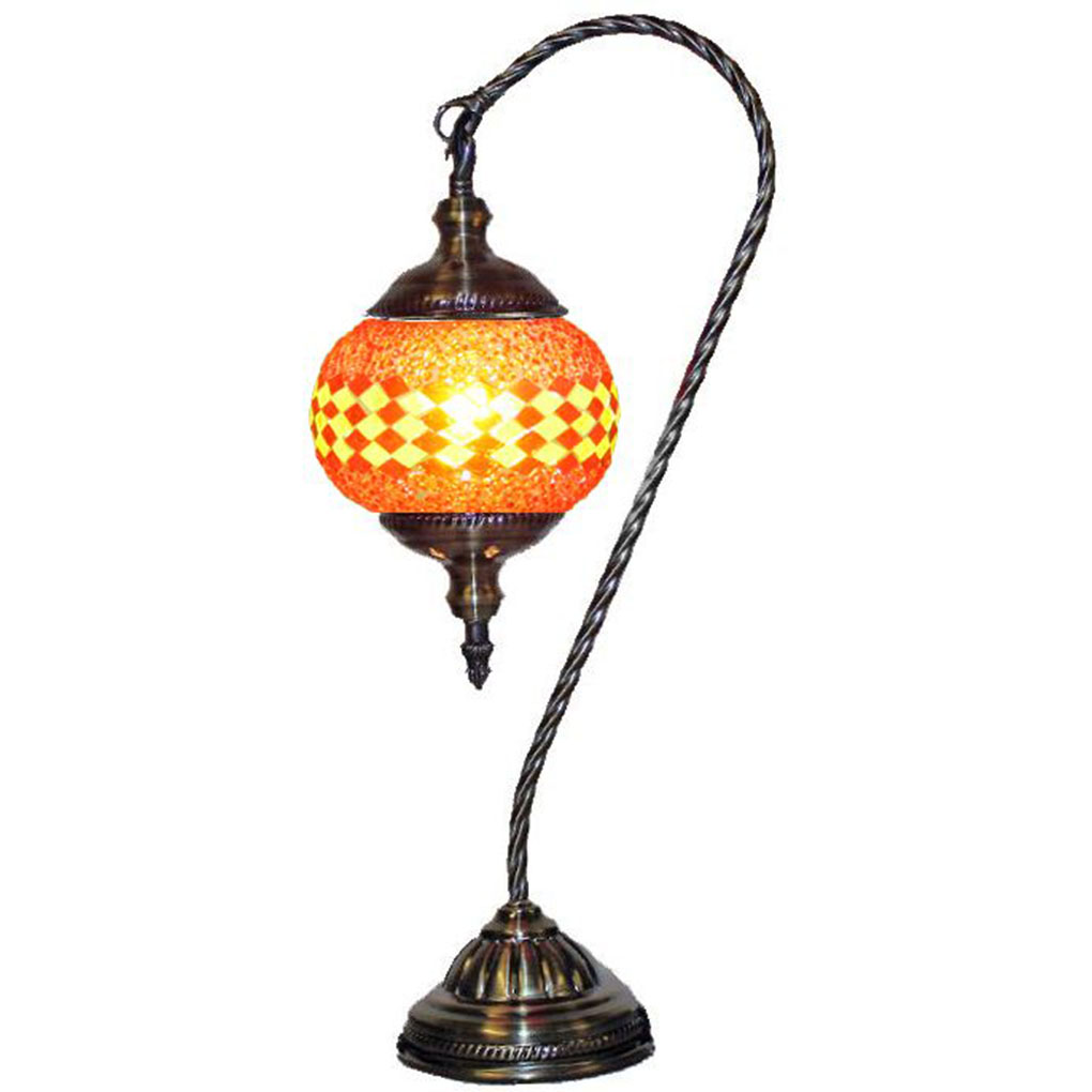 Silver Fever Handcrafted Mosaic Turkish Lamp Moroccan Glass Table Desk Bedside Light- Swan Neck  - Red Yellow Lines