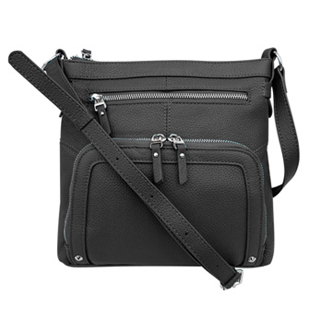 SILVERFEVER Genuine Leather 2 Zip Crossbody  Traveler Handbag Purse Black