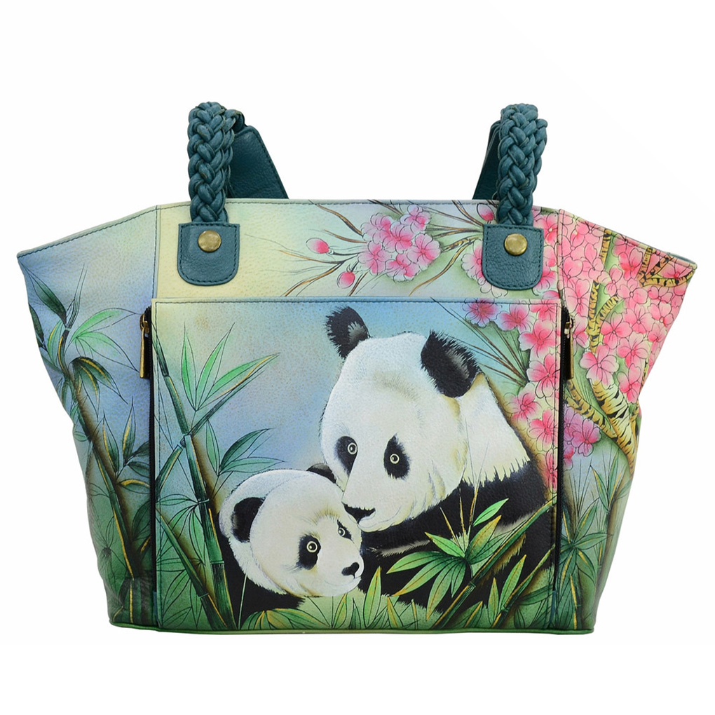 Anna by Anuschka Leather Hand Painted Tote Handbag ,Lovable Pandas  Organizer